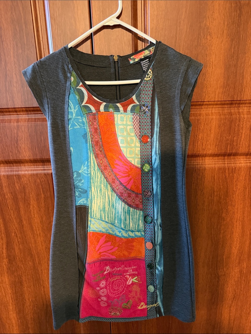 Desigual Cap-Sleeve Dress with Multicolor Patchfront Panel Size M